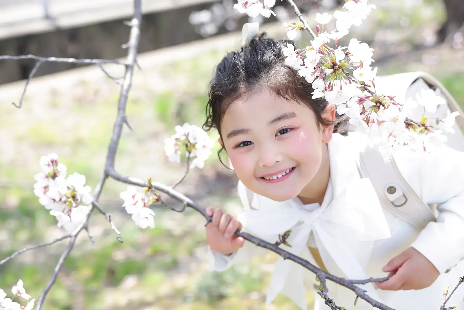 桜の枝の下で笑顔を見せる新一年生の女の子